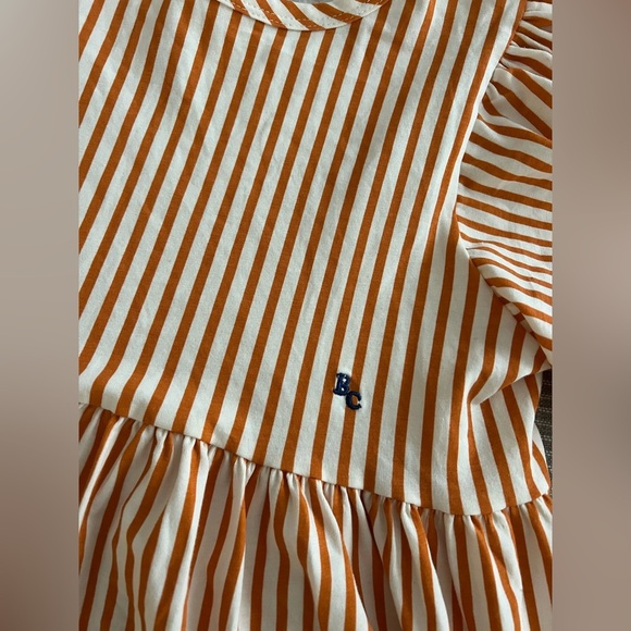 Bobo Choses, Girl’s Orange Vertical Stripes Ruffle Sleeves Dress - Picture 5 of 9